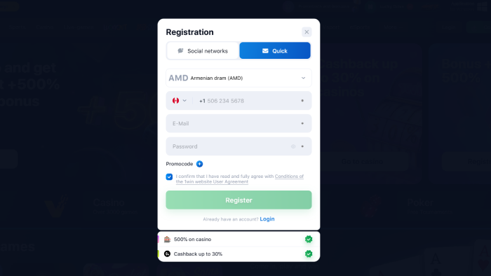 1win registration form