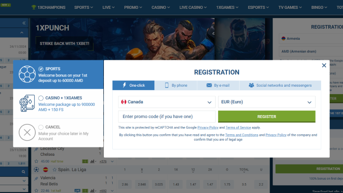 1xbet registration form